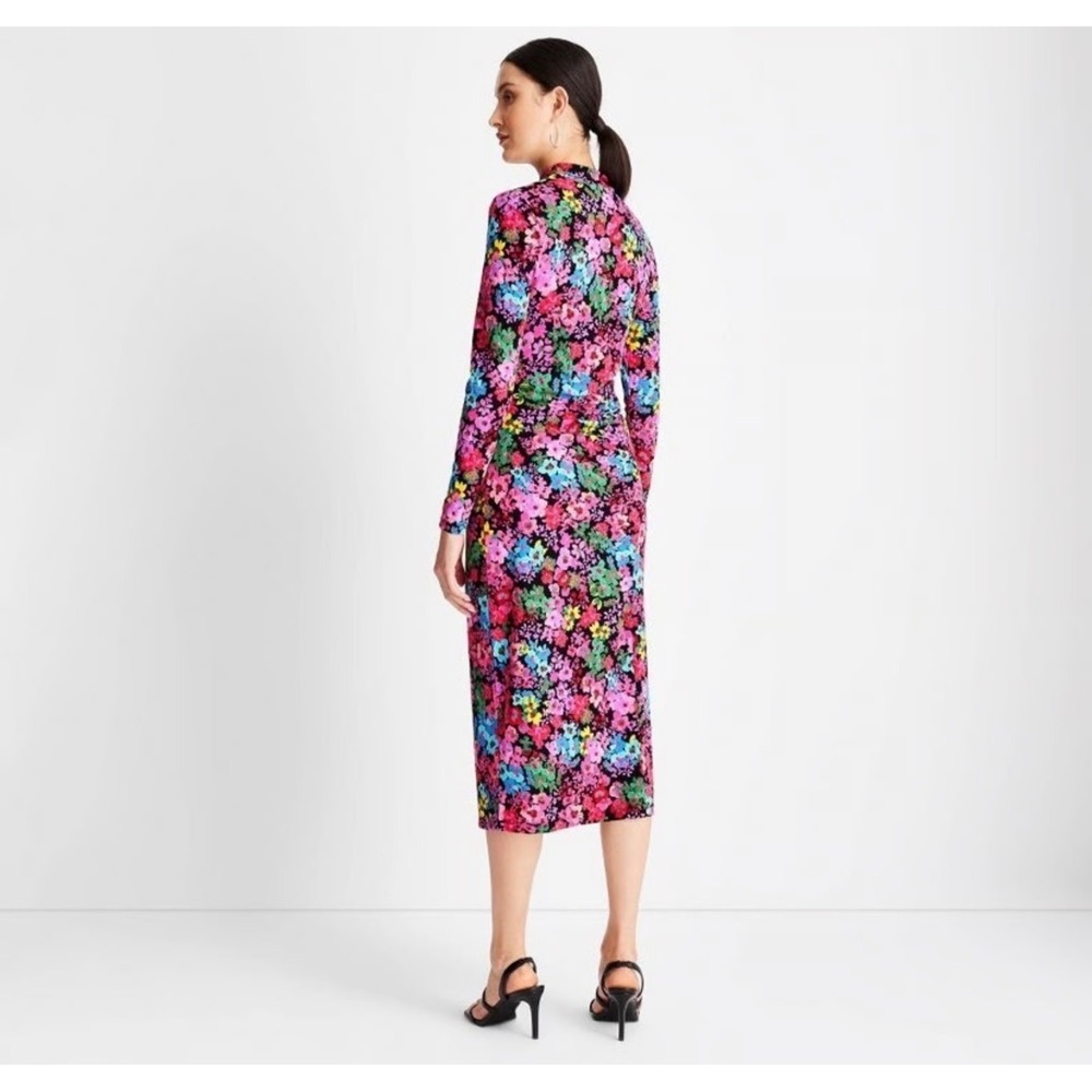 Wild Fable Floral Mock Neck Long Sleeve Side Slit Midi Dress Multicolor Black - Picture 2 of 5
